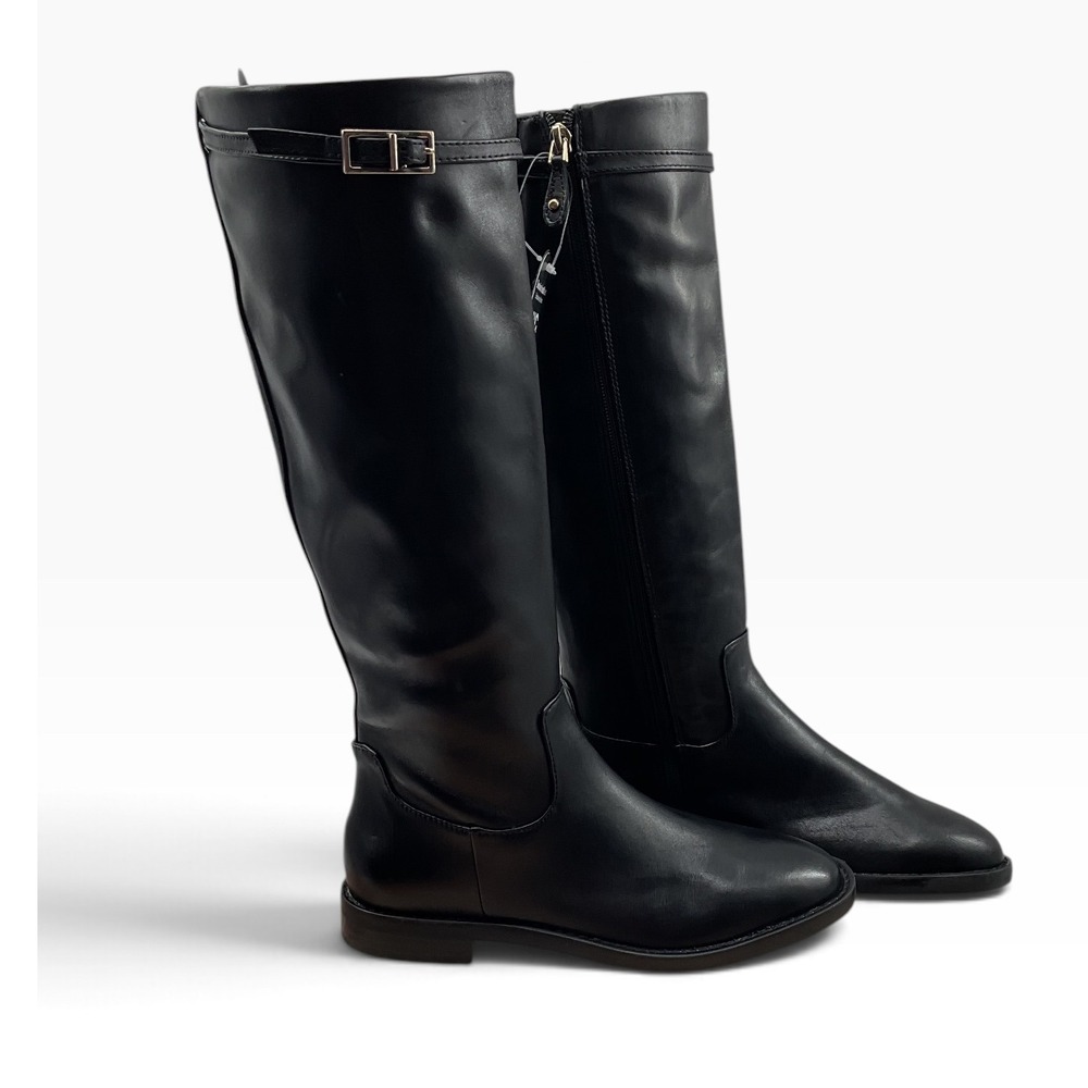 INC International Concepts Womens Black Leather Riding Boots Knee High Flat Zip